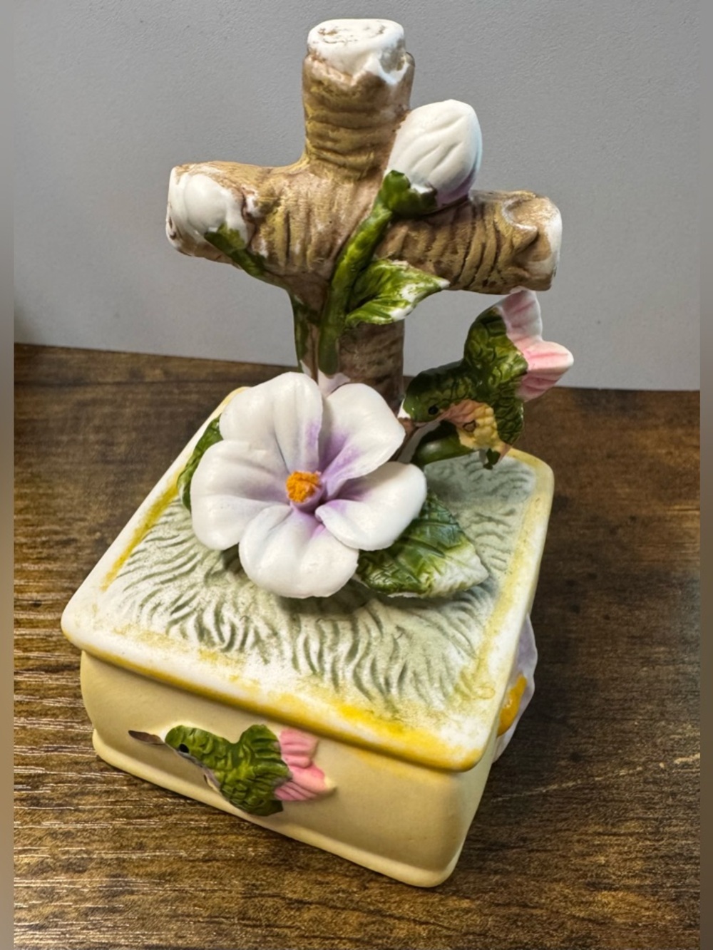 Floral Cross Hummingbird Trinket Box Porcelain Keepsake Jewelry Box